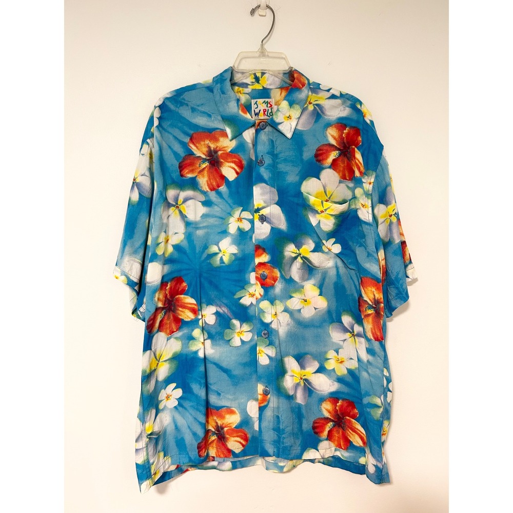 Jams World Mens Puanani Aqua Floral Hawaiian Shirt Rayon Made in Hawaii Large